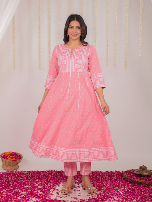 Soft Cotton Block Anarkali Pink Kurta