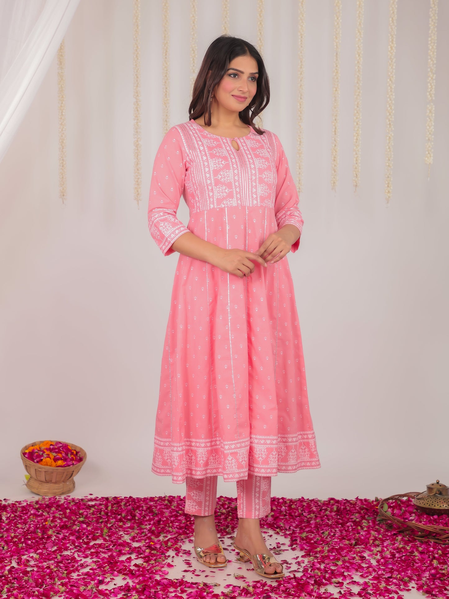 Soft Cotton Block Anarkali Pink Kurta