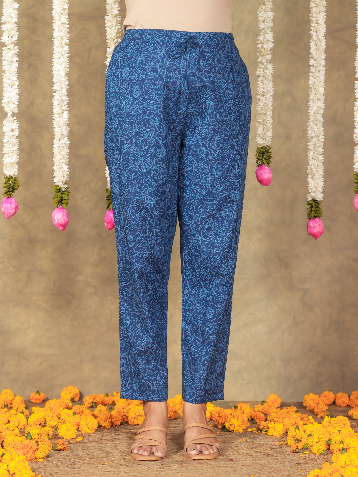 Soft Cotton Floral Blue Tapered Trousers