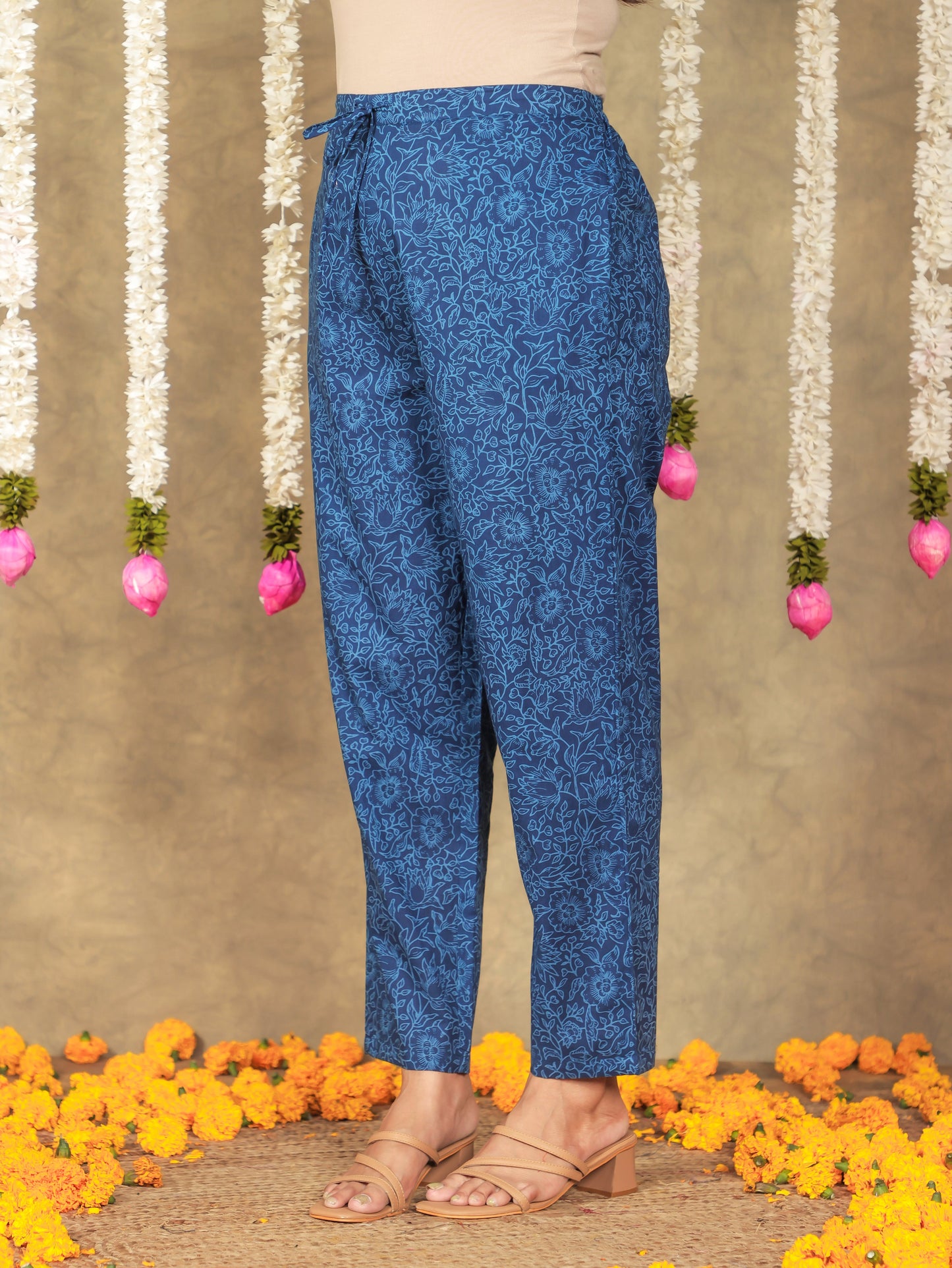 Soft Cotton Floral Blue Tapered Trousers