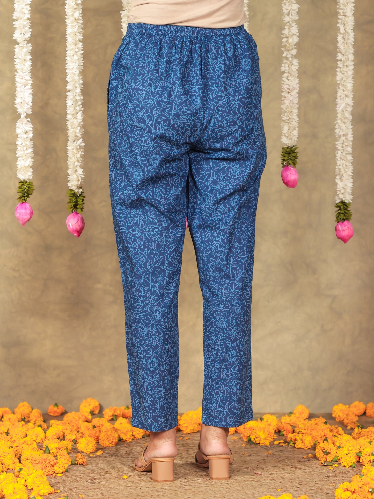 Soft Cotton Floral Blue Tapered Trousers