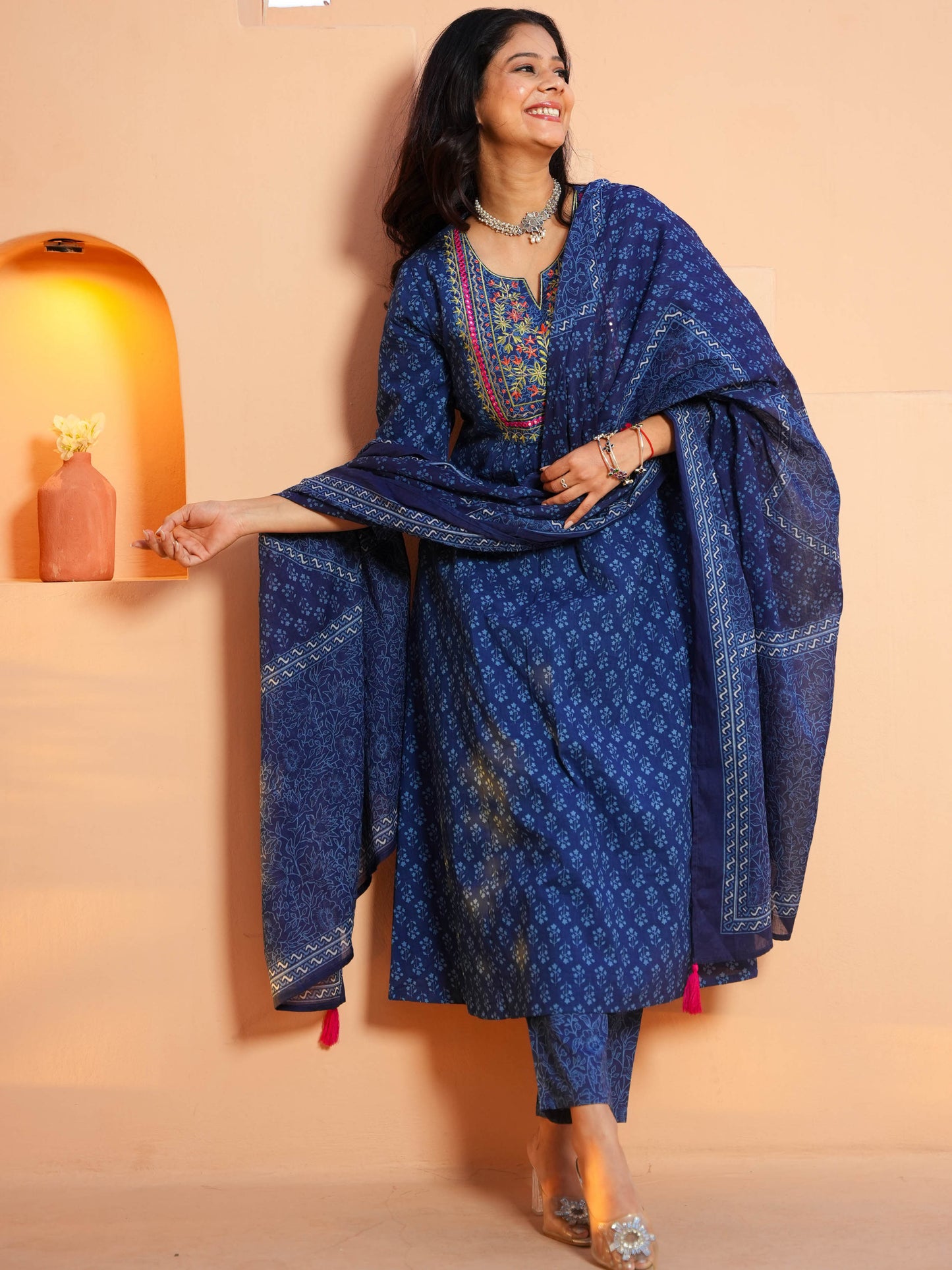 Voile Cotton Floral Blue Dupatta