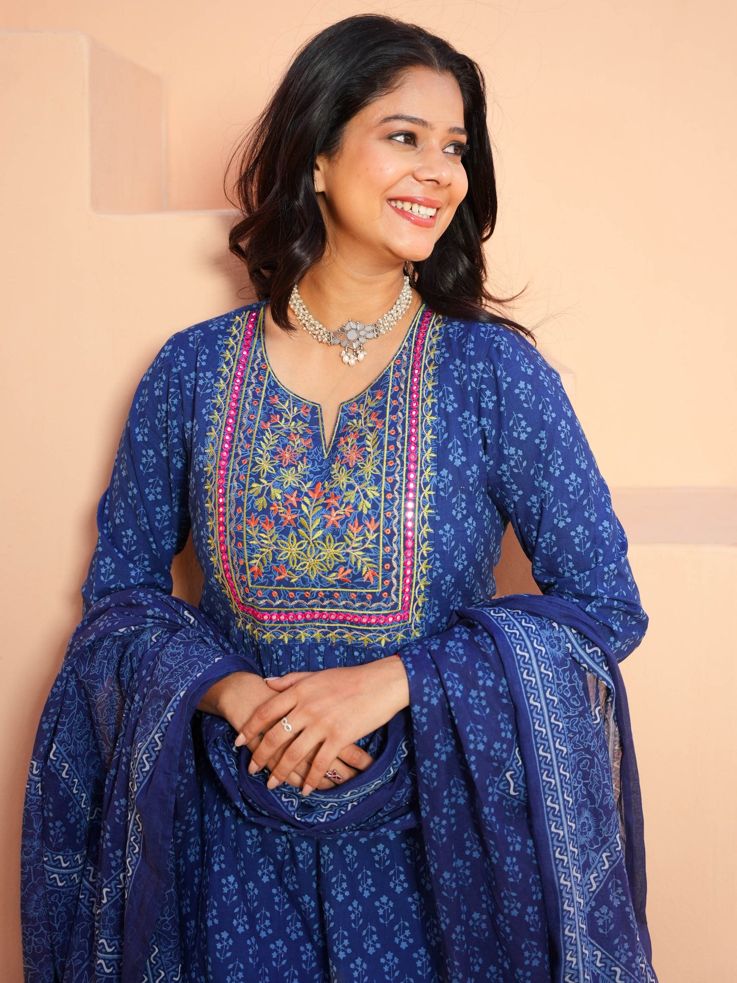 Voile Cotton Floral Blue Dupatta
