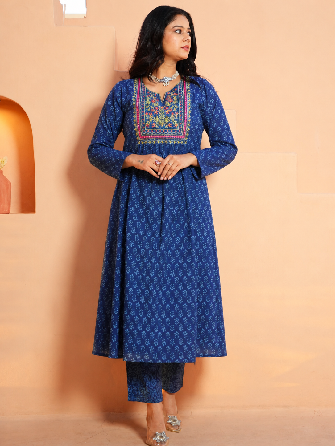 Embroidered Soft Cotton Butti Panelled Blue