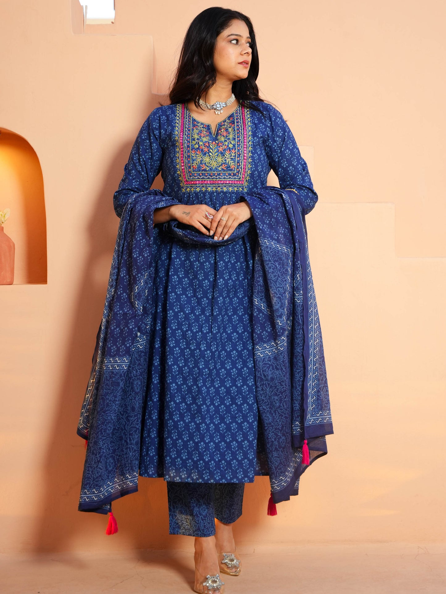 Embroidered Soft Cotton Butti Panelled Blue
