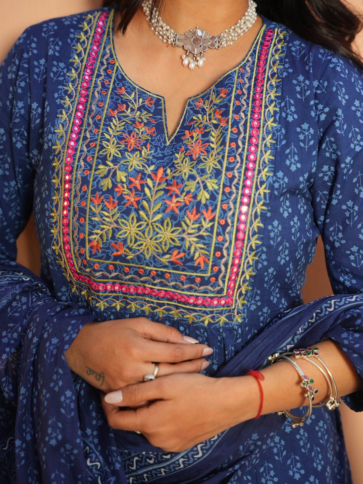 Embroidered Soft Cotton Butti Panelled Blue