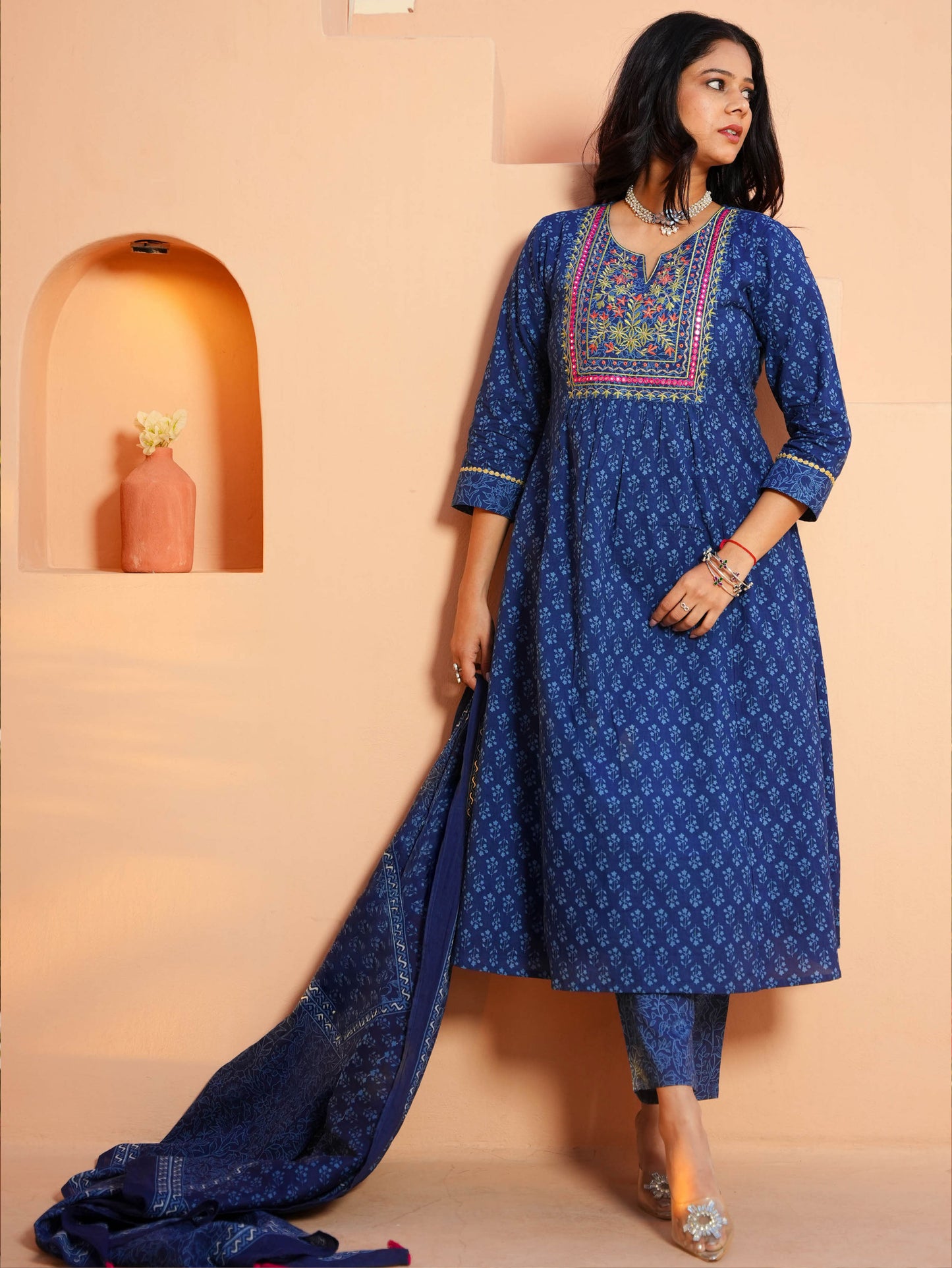 Embroidered Soft Cotton Butti Panelled Blue