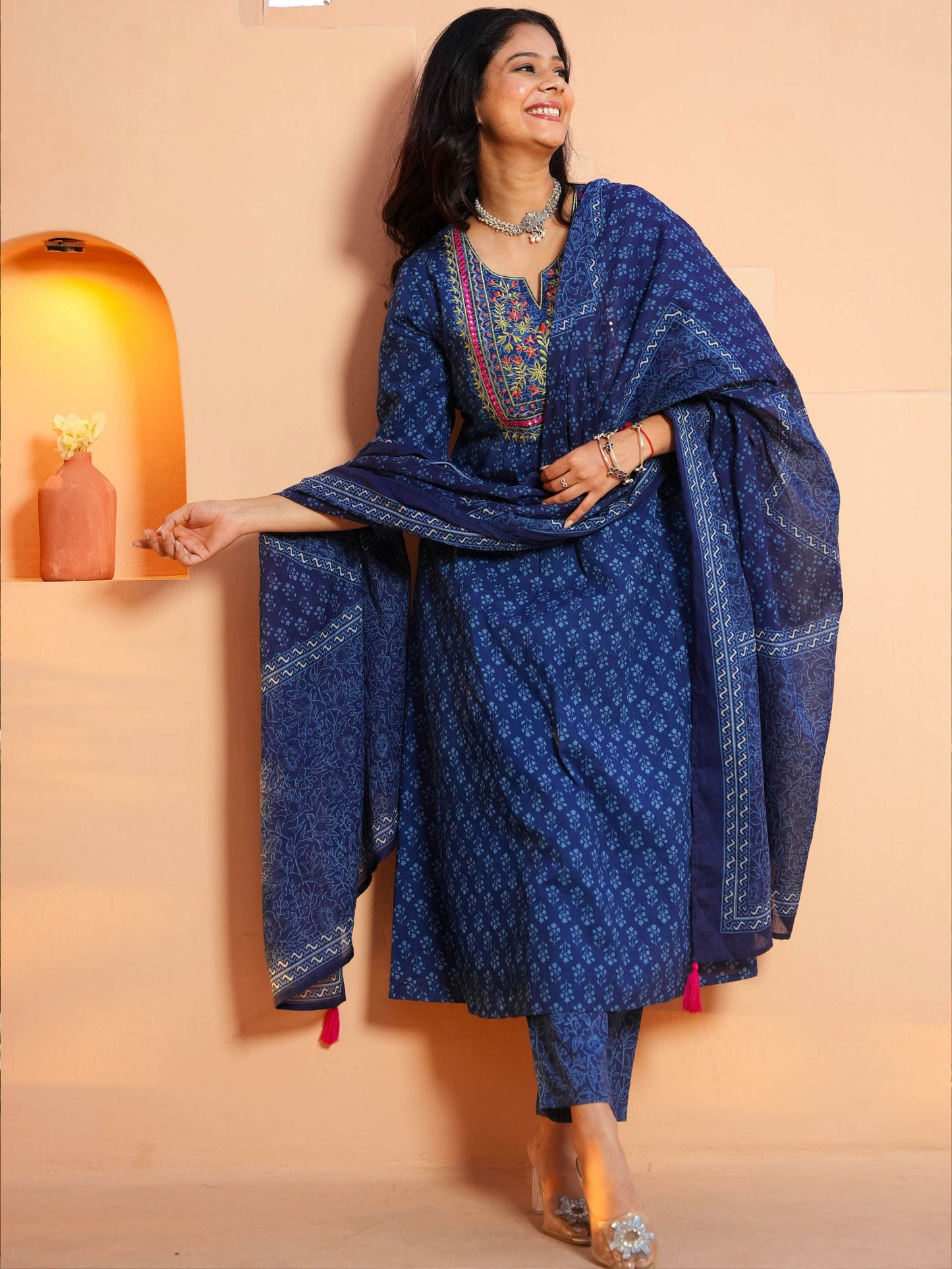 Embroidered Soft Cotton Butti Panelled Blue