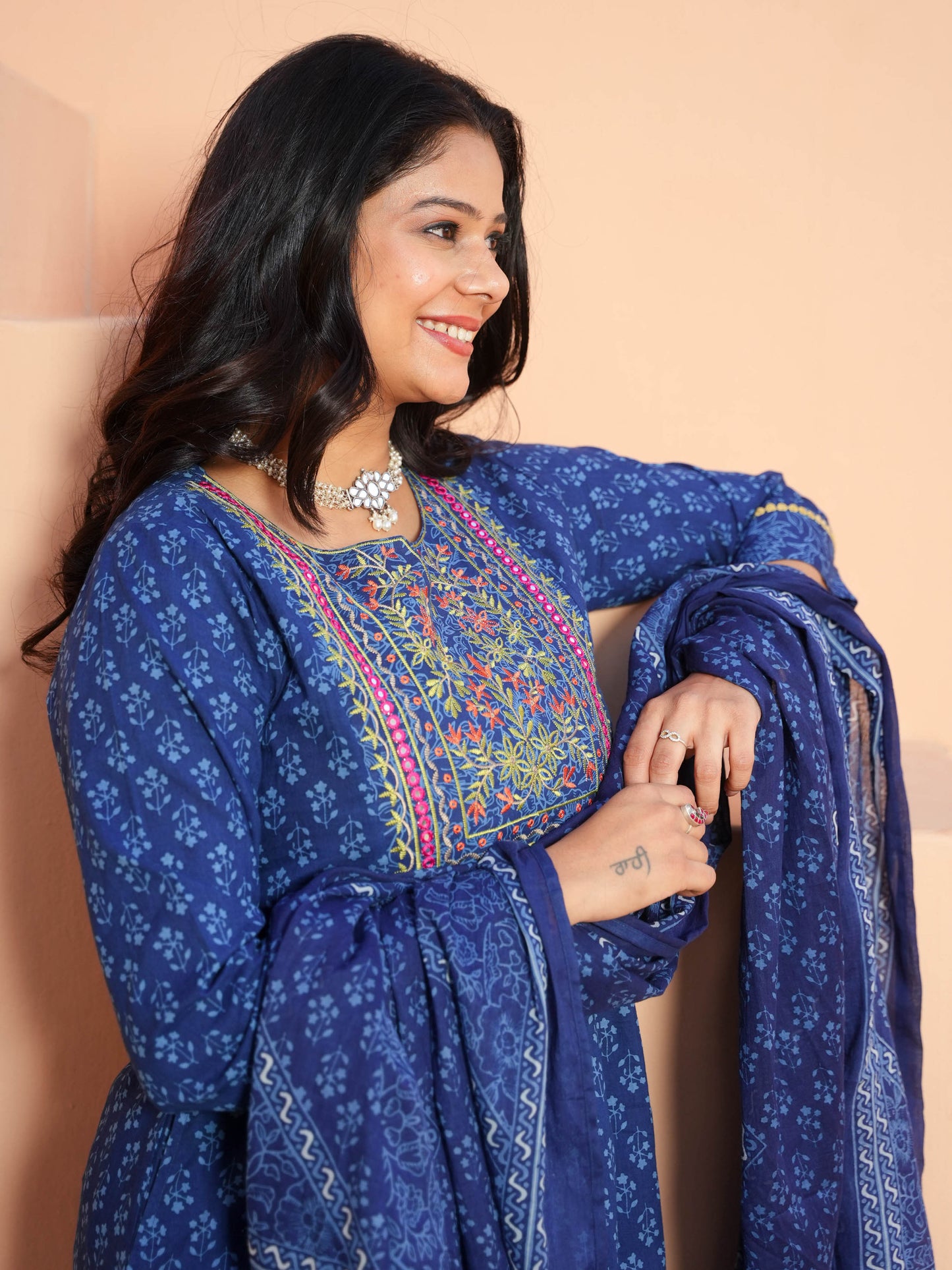 Embroidered Soft Cotton Butti Panelled Blue