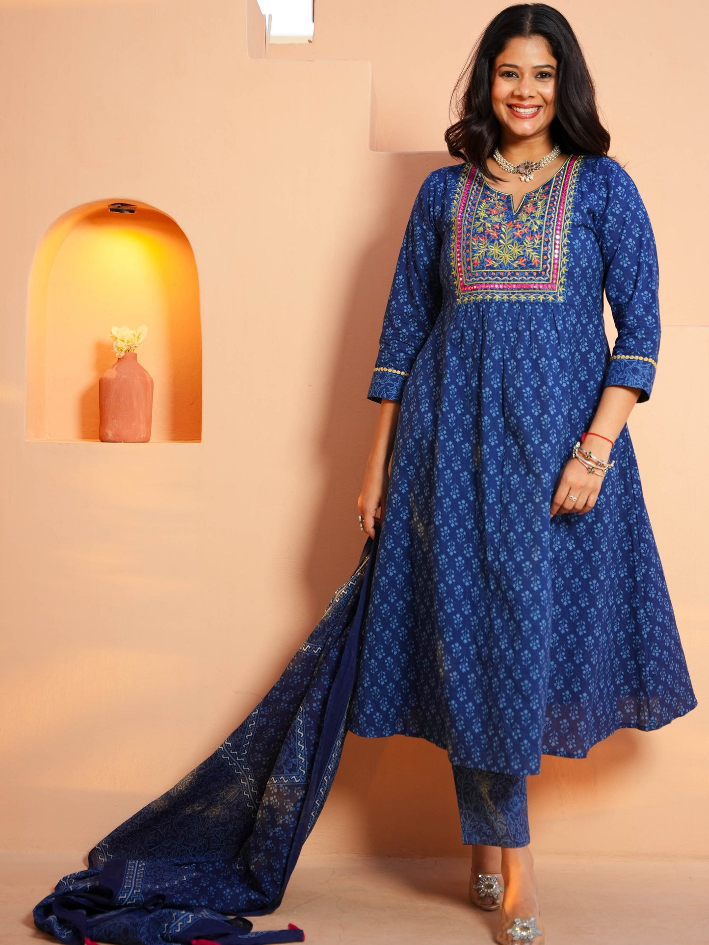 Embroidered Soft Cotton Butti Panelled Blue