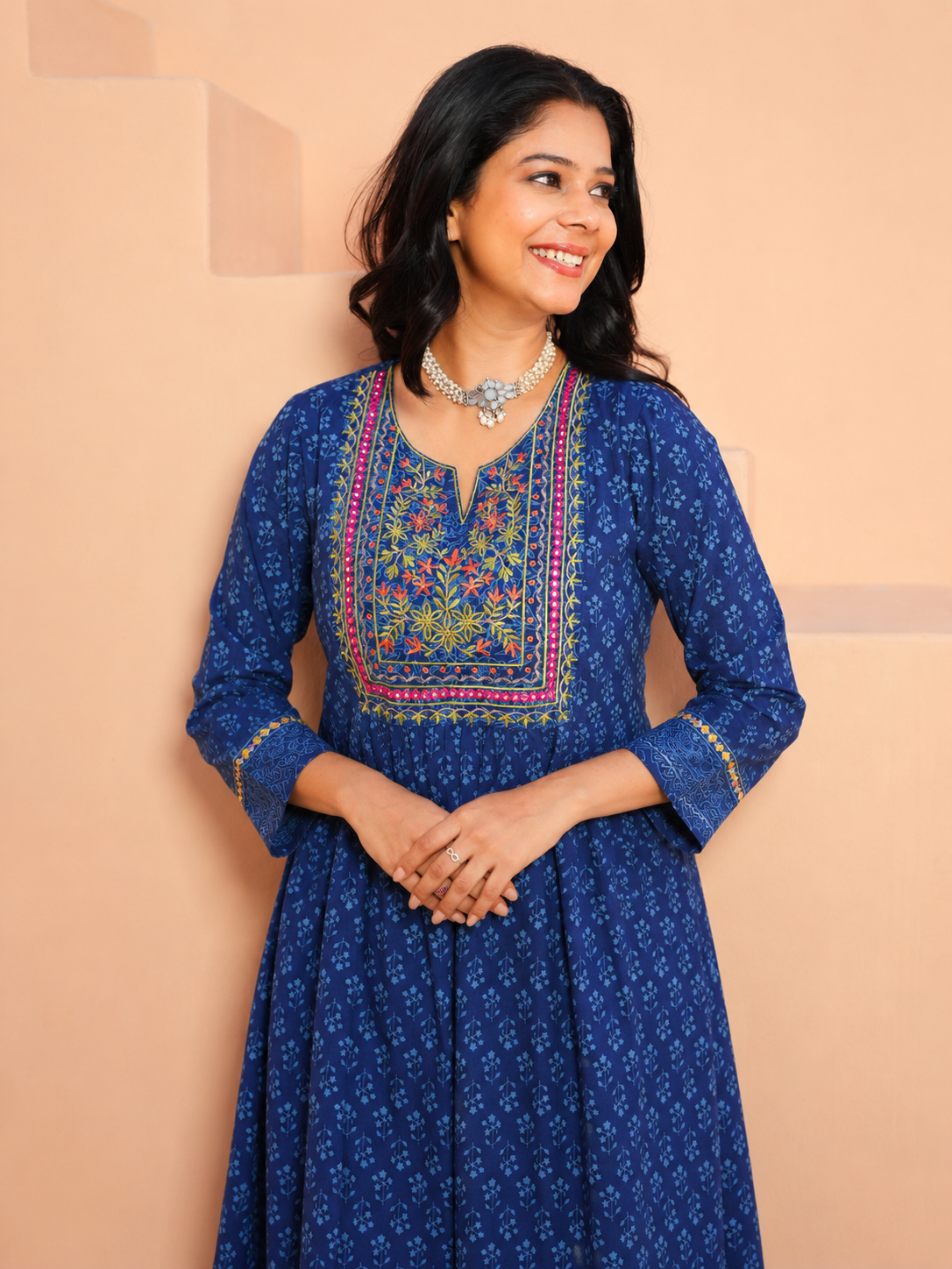 Embroidered Soft Cotton Butti Panelled Blue