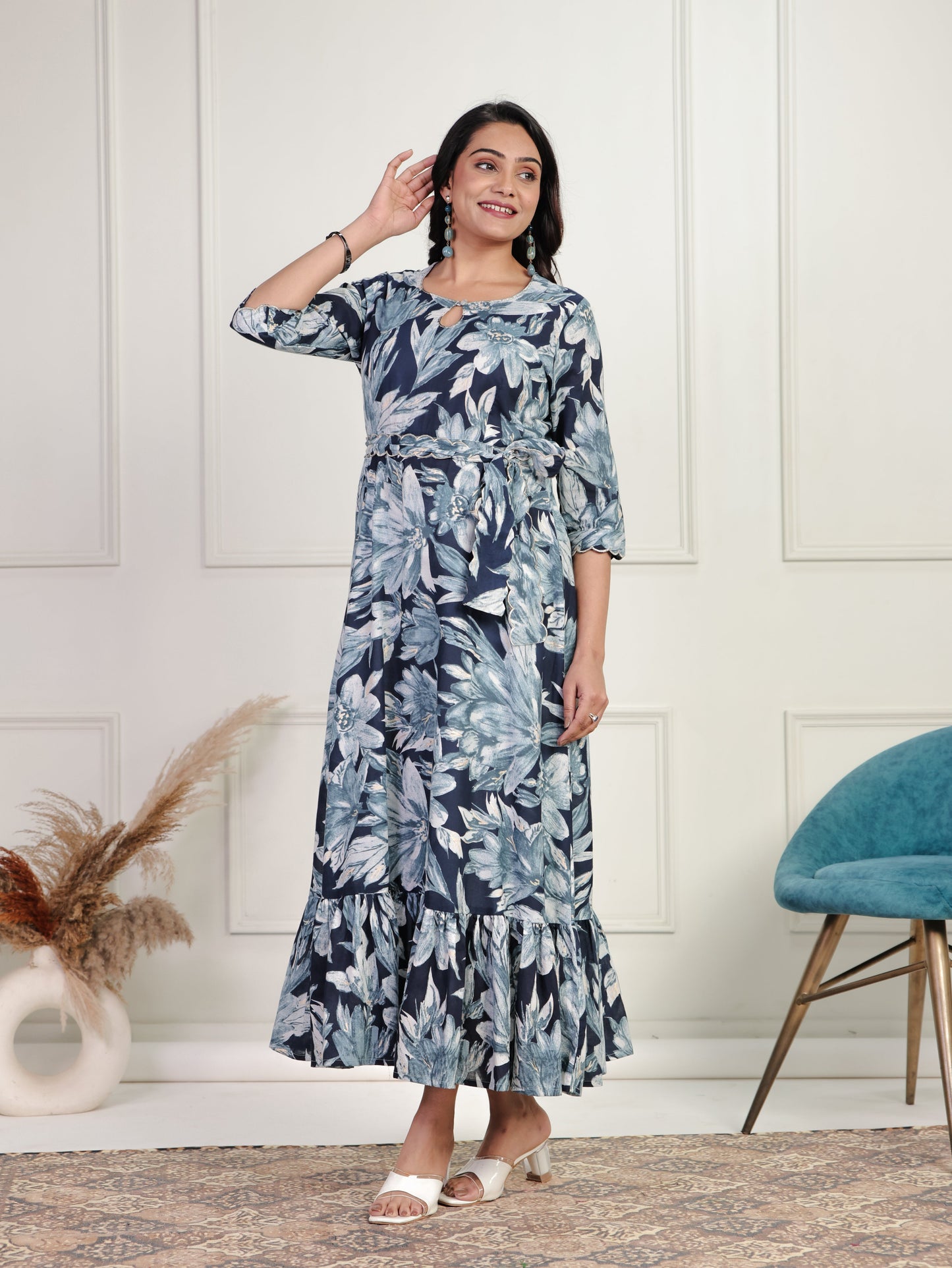 Embroidered Soft Cotton Floral Tiered Blue Dress