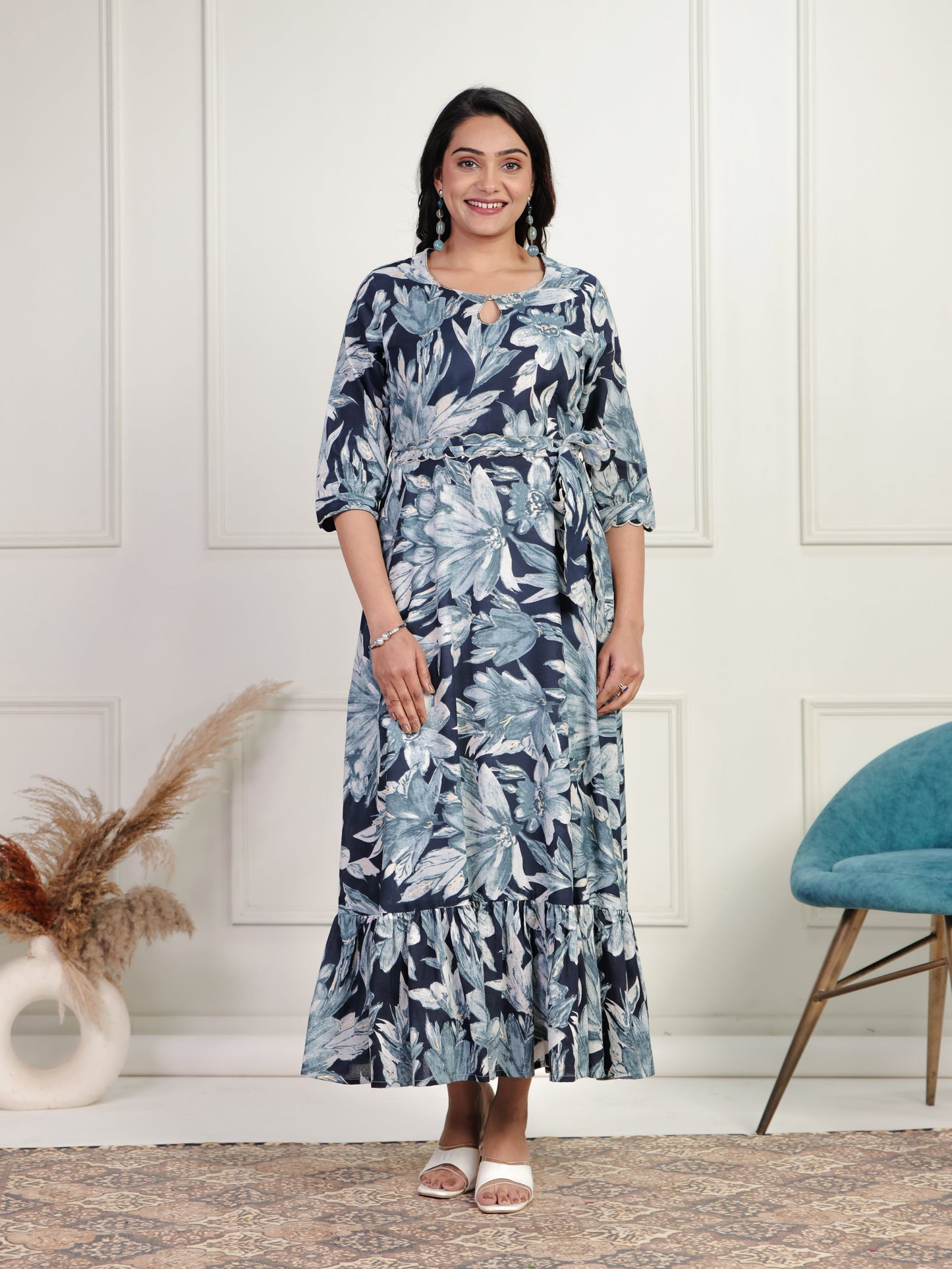 Embroidered Soft Cotton Floral Tiered Blue Dress