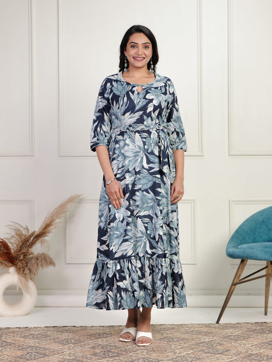 Embroidered Soft Cotton Floral Tiered Blue Dress