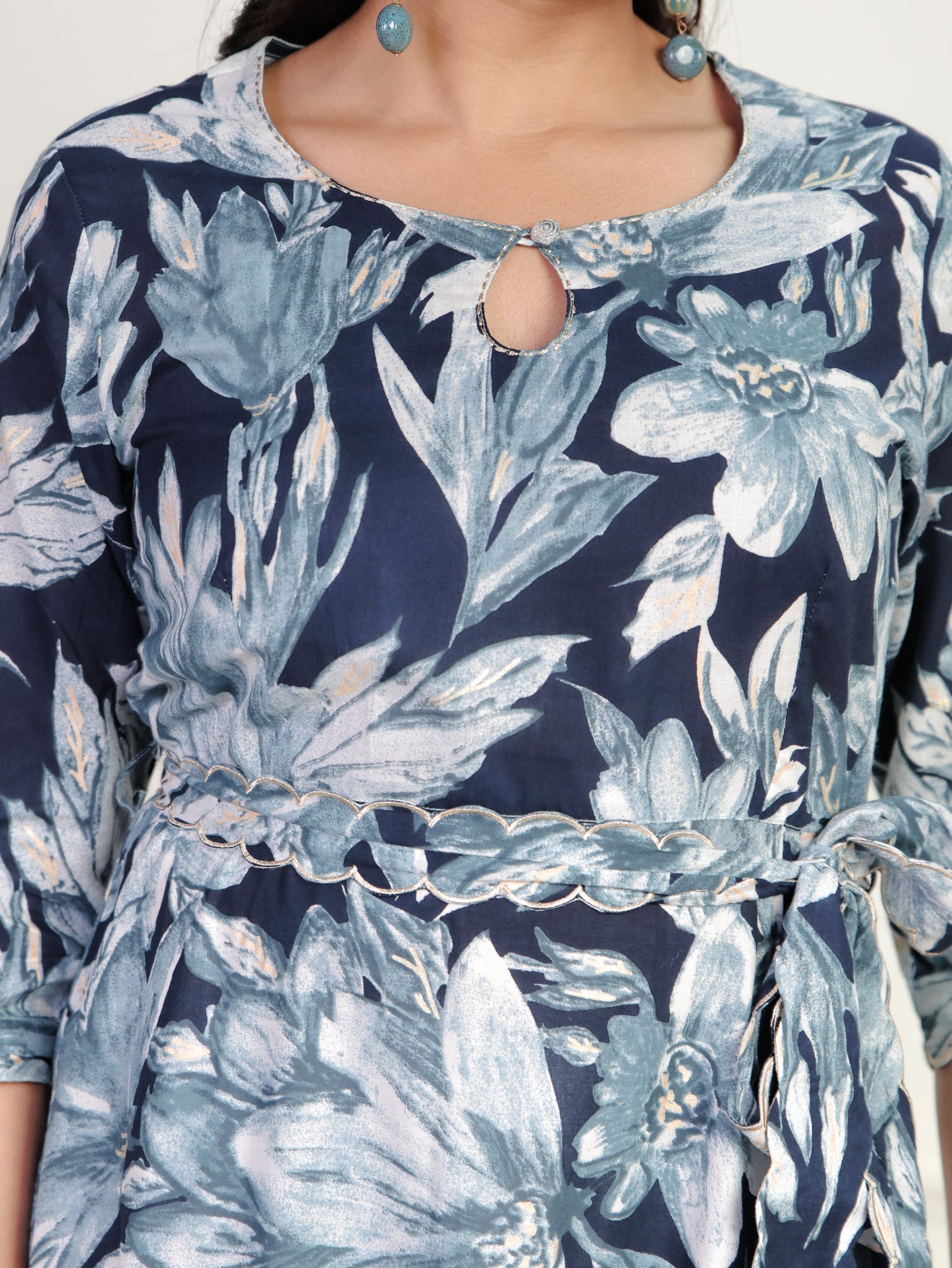 Embroidered Soft Cotton Floral Tiered Blue Dress