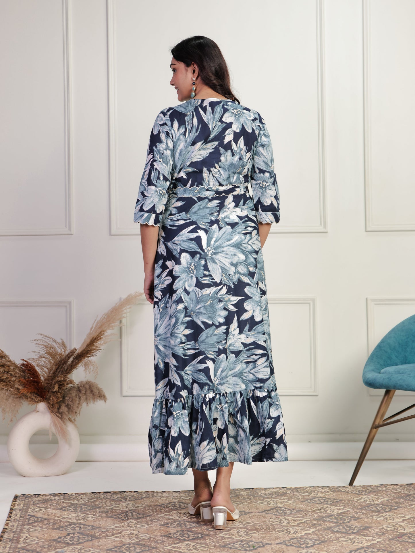 Embroidered Soft Cotton Floral Tiered Blue Dress