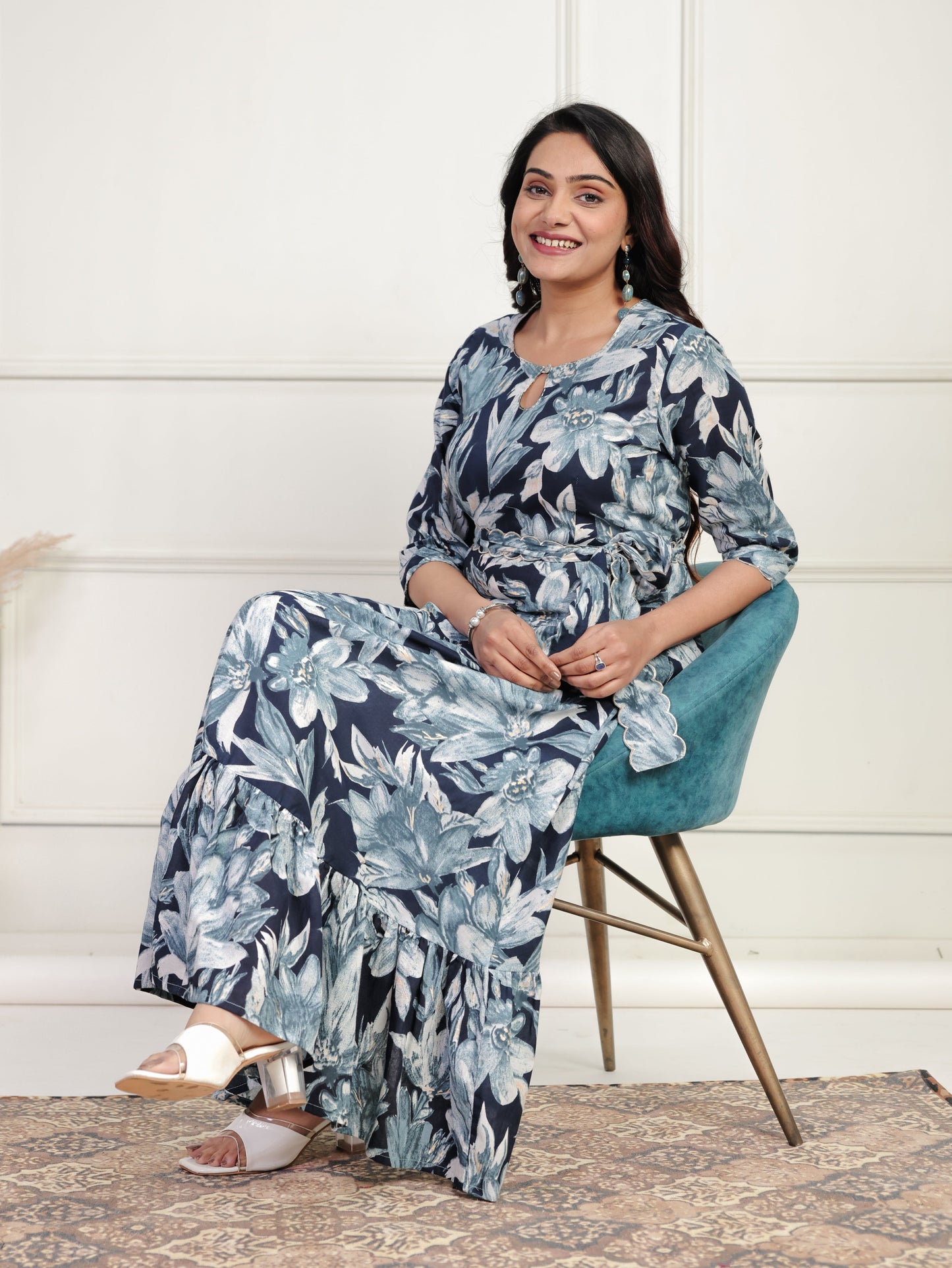 Embroidered Soft Cotton Floral Tiered Blue Dress