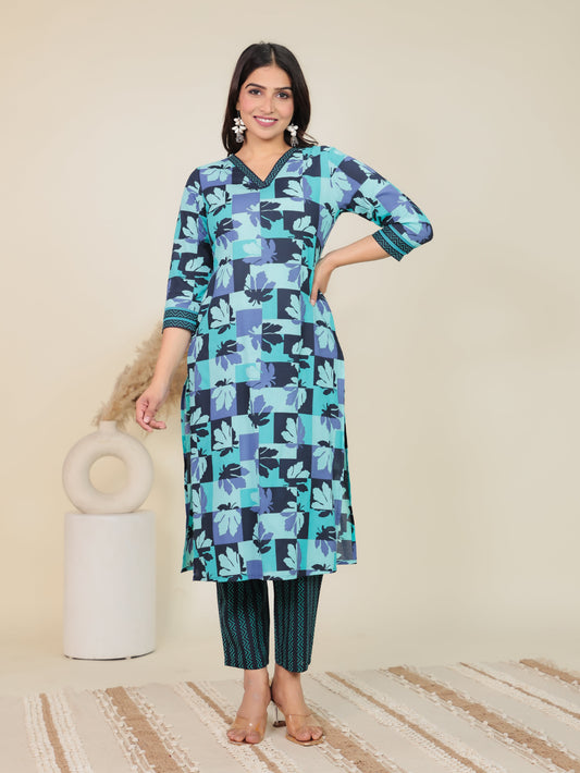 Soft Cotton Geometric Straight Green Kurta