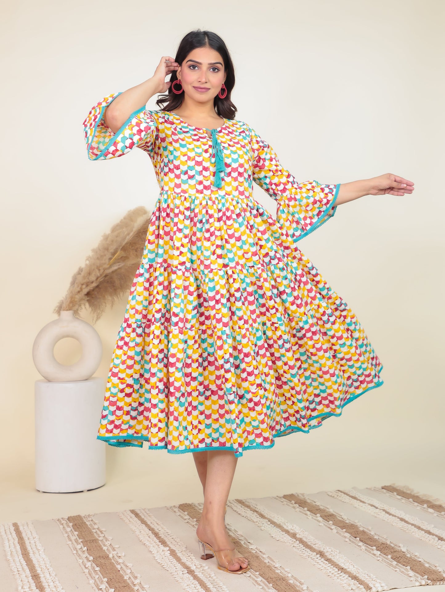 Soft Cotton Geometric Tiered Multicolor Dress