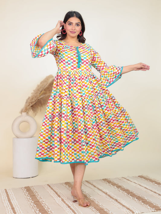 Soft Cotton Geometric Tiered Multicolor Dress