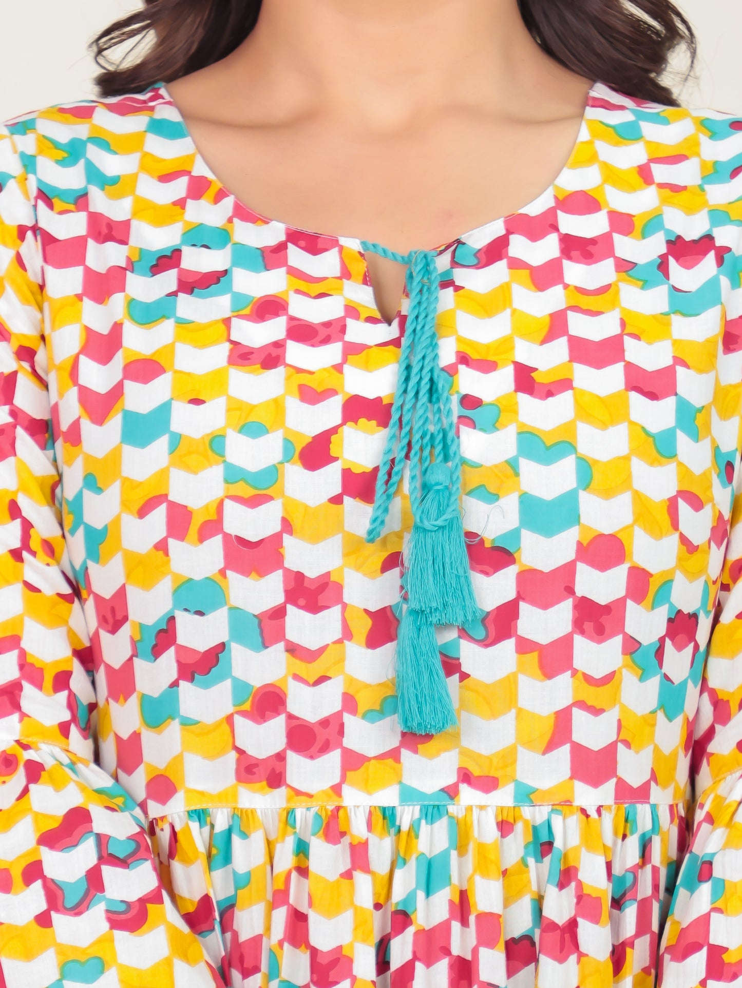 Soft Cotton Geometric Tiered Multicolor Dress