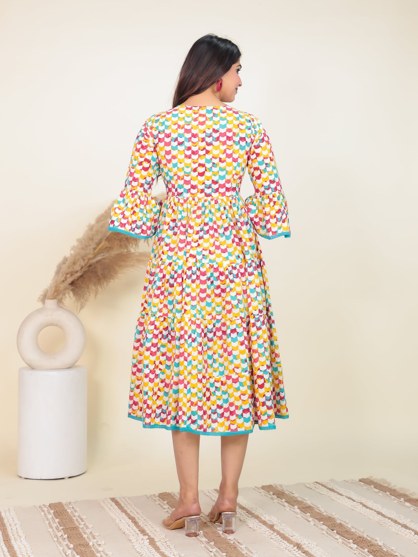 Soft Cotton Geometric Tiered Multicolor Dress