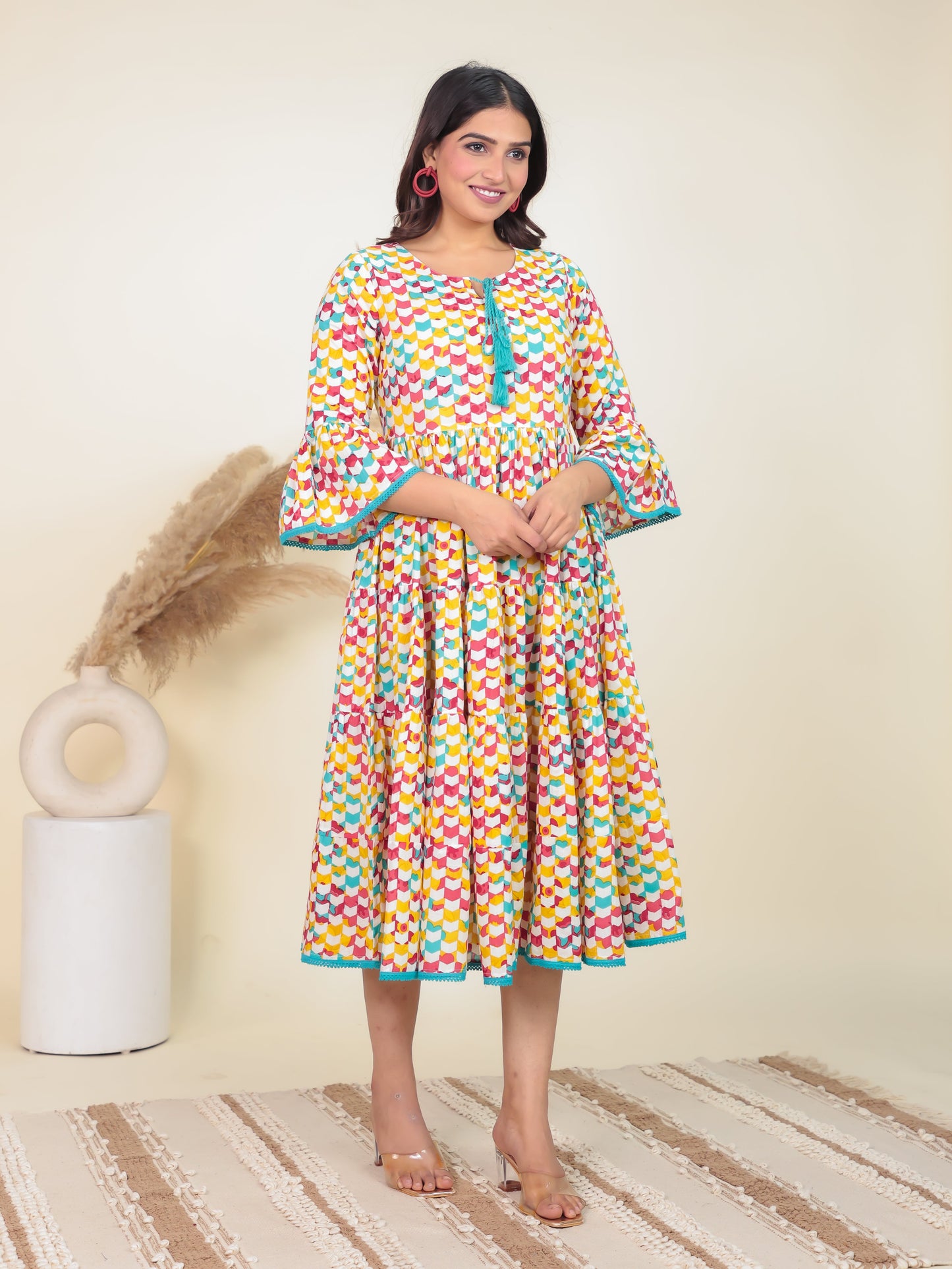 Soft Cotton Geometric Tiered Multicolor Dress