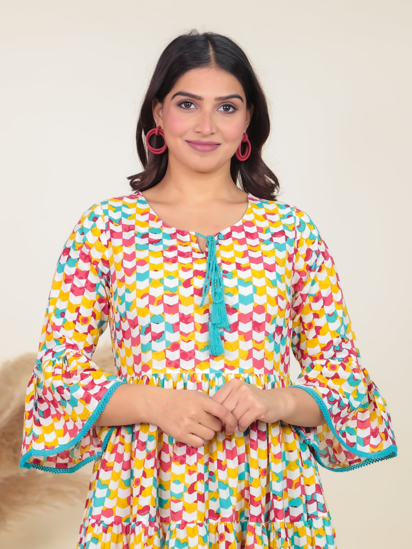 Soft Cotton Geometric Tiered Multicolor Dress