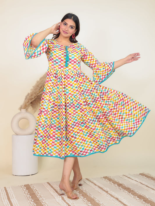 Soft Cotton Geometric Tiered Multicolor Dress