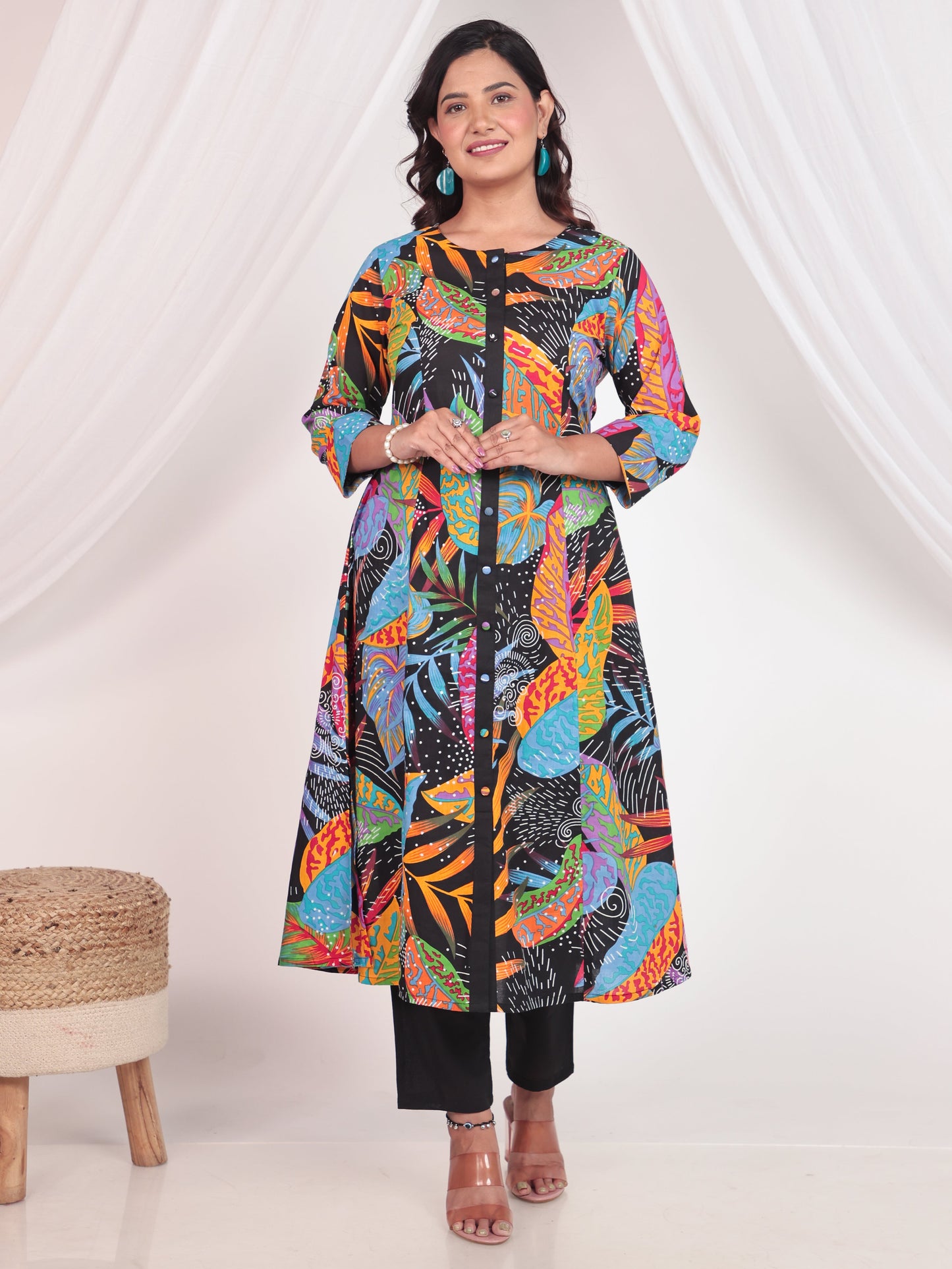 Soft Cotton Foliage A-line Multicolor Kurta