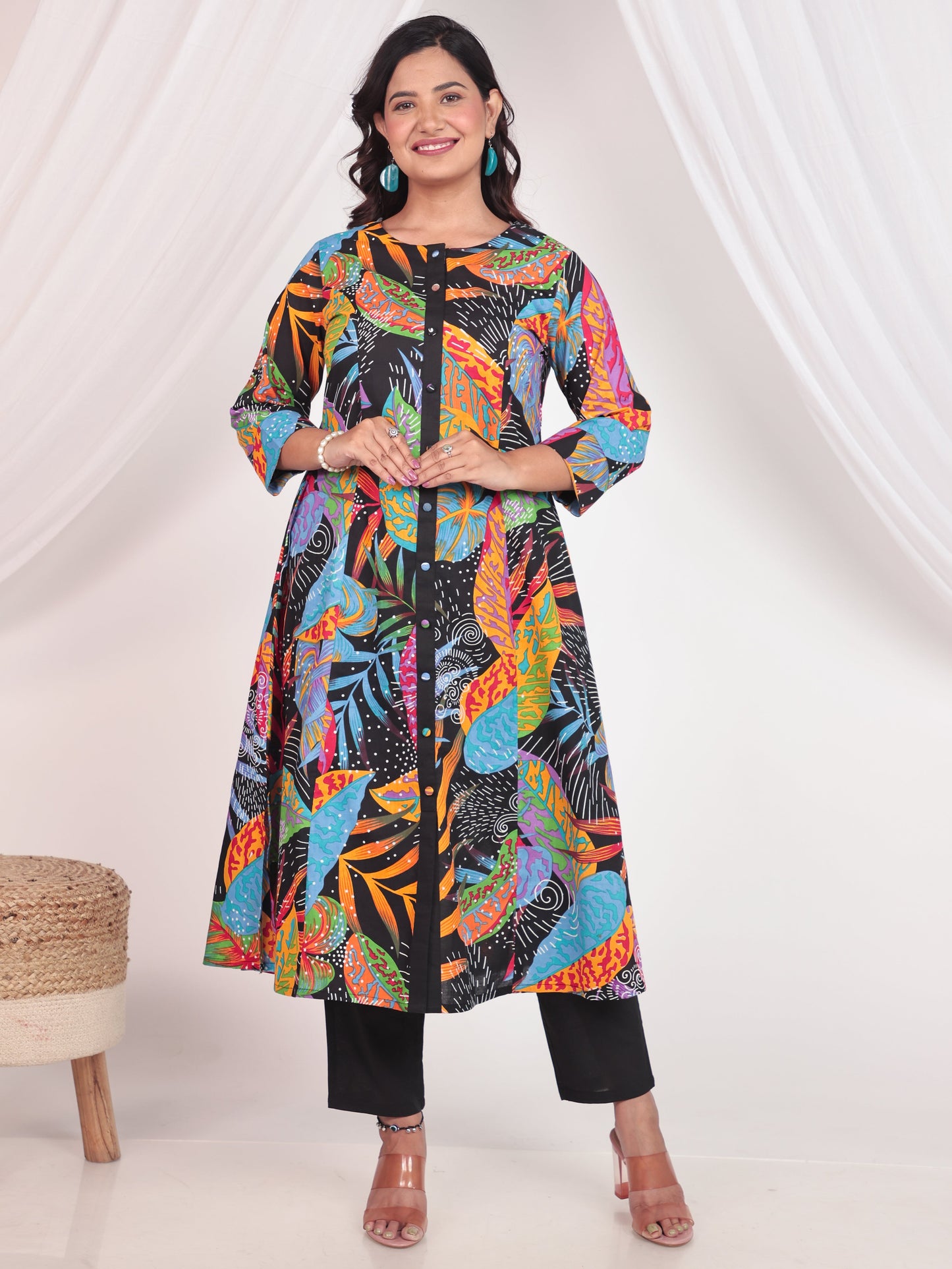 Soft Cotton Foliage A-line Multicolor Kurta