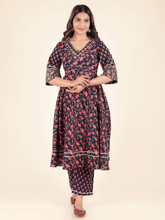 Soft Cotton Floral Flared Blue Kurta