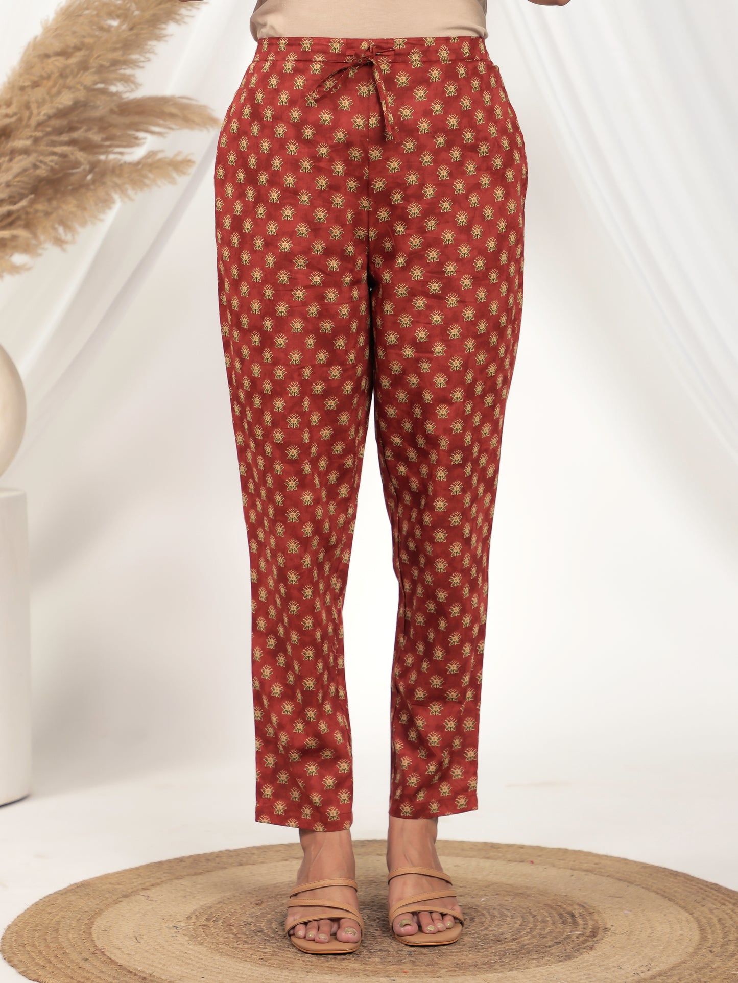Soft Cotton Floral Rust Tapered Trousers