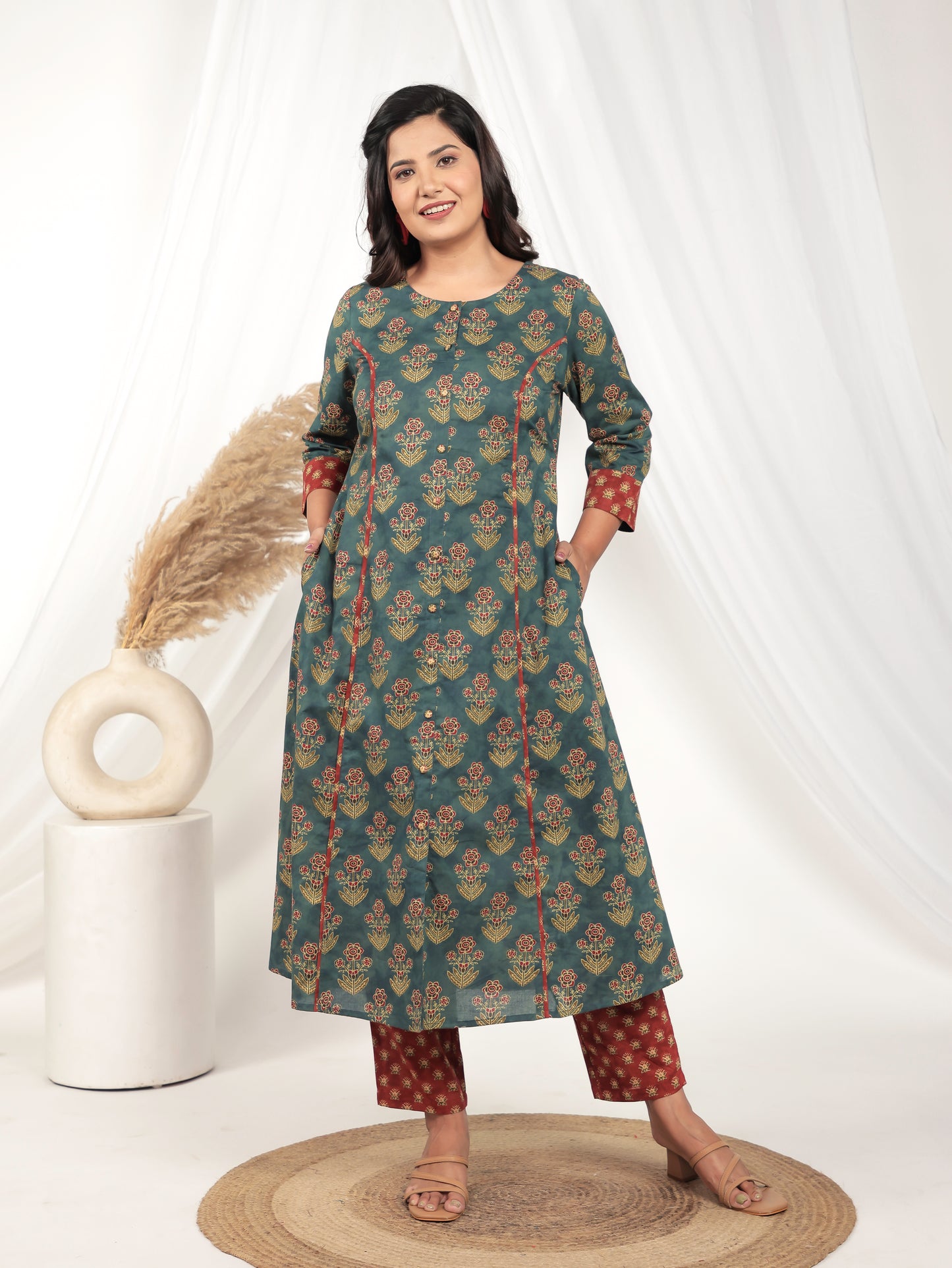 Soft Cotton Floral A-line Green Kurta