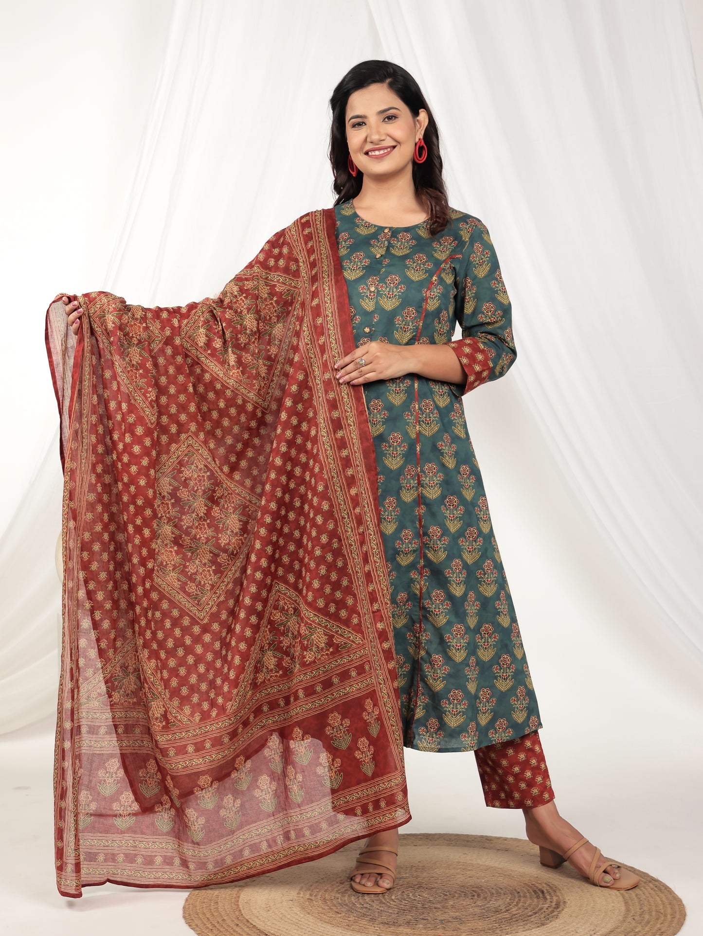 Soft Cotton Floral A-line Green Kurta