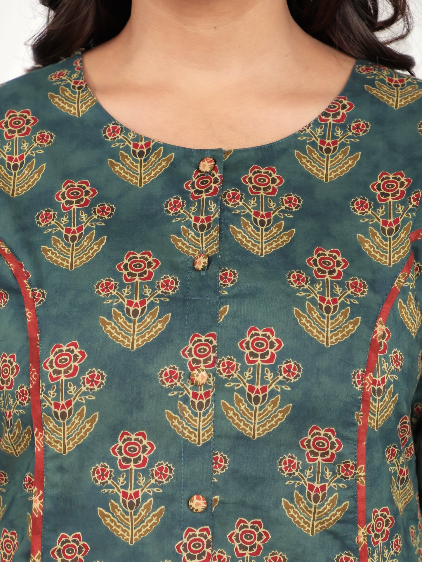 Soft Cotton Floral A-line Green Kurta