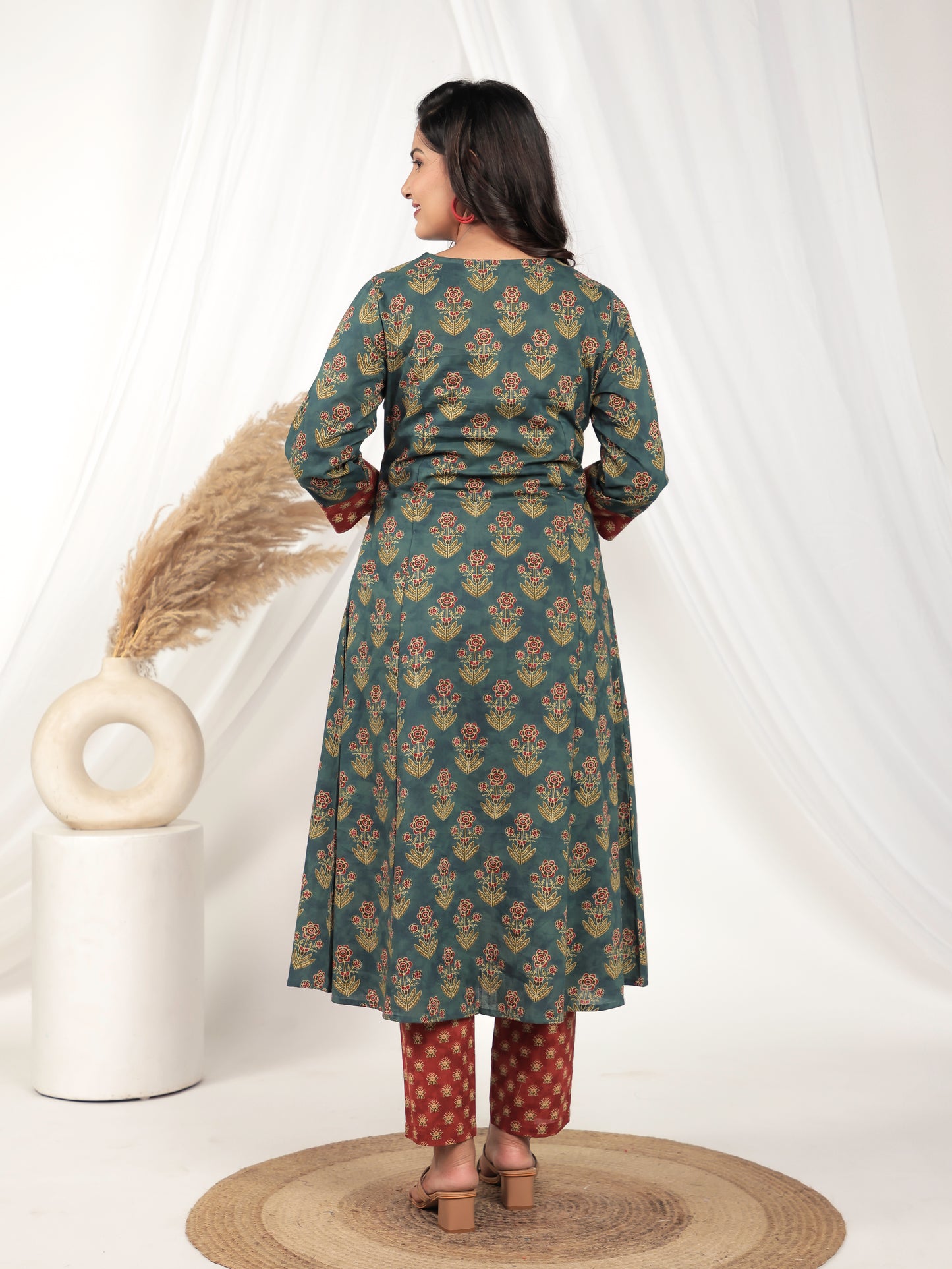 Soft Cotton Floral A-line Green Kurta