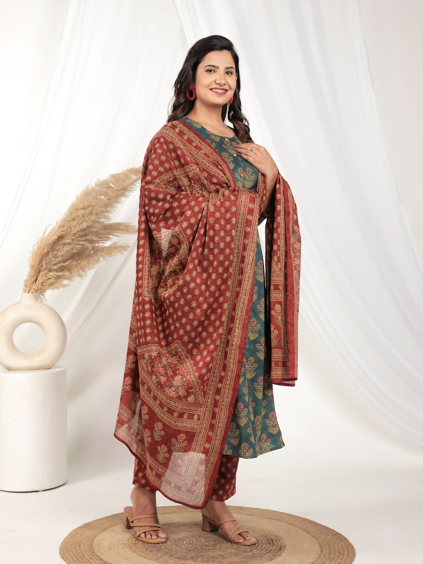 Soft Cotton Floral A-line Green Kurta