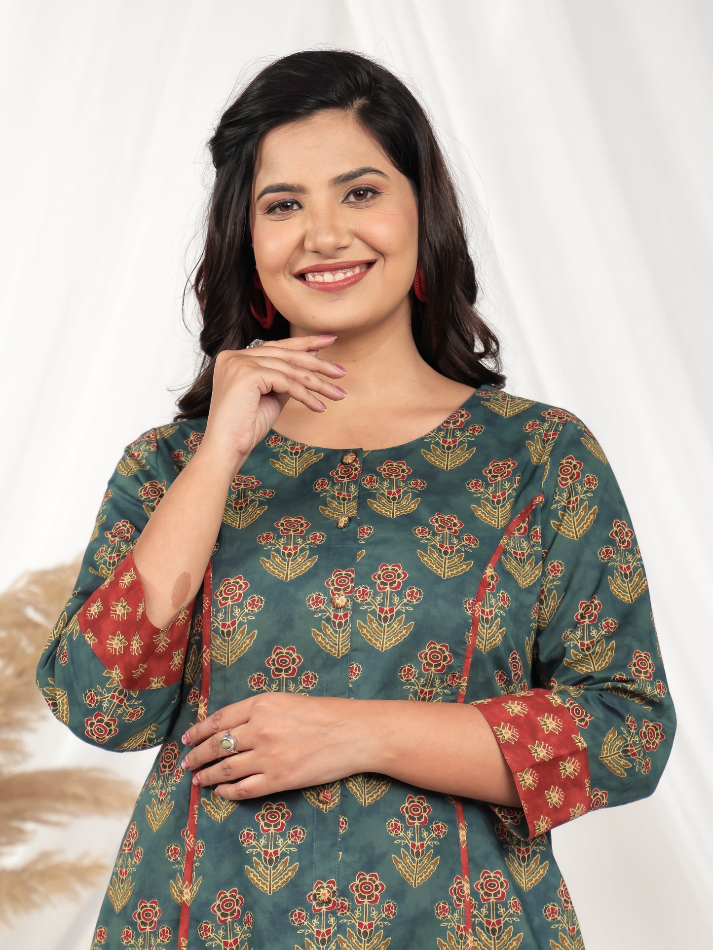 Soft Cotton Floral A-line Green Kurta