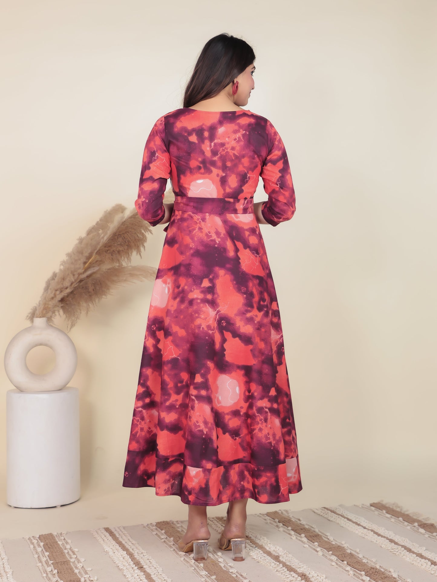 Soft Cotton Abstract Flared Orange Dress
