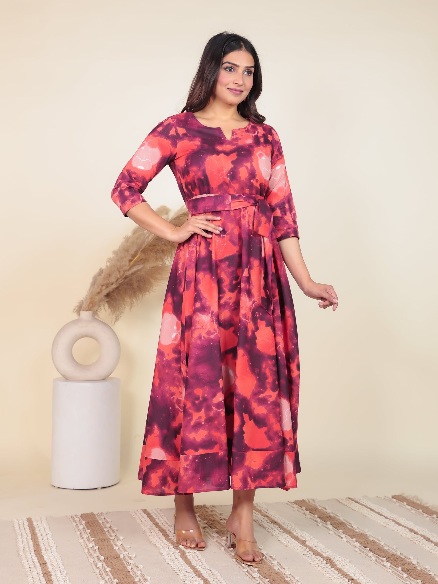 Soft Cotton Abstract Flared Orange Dress