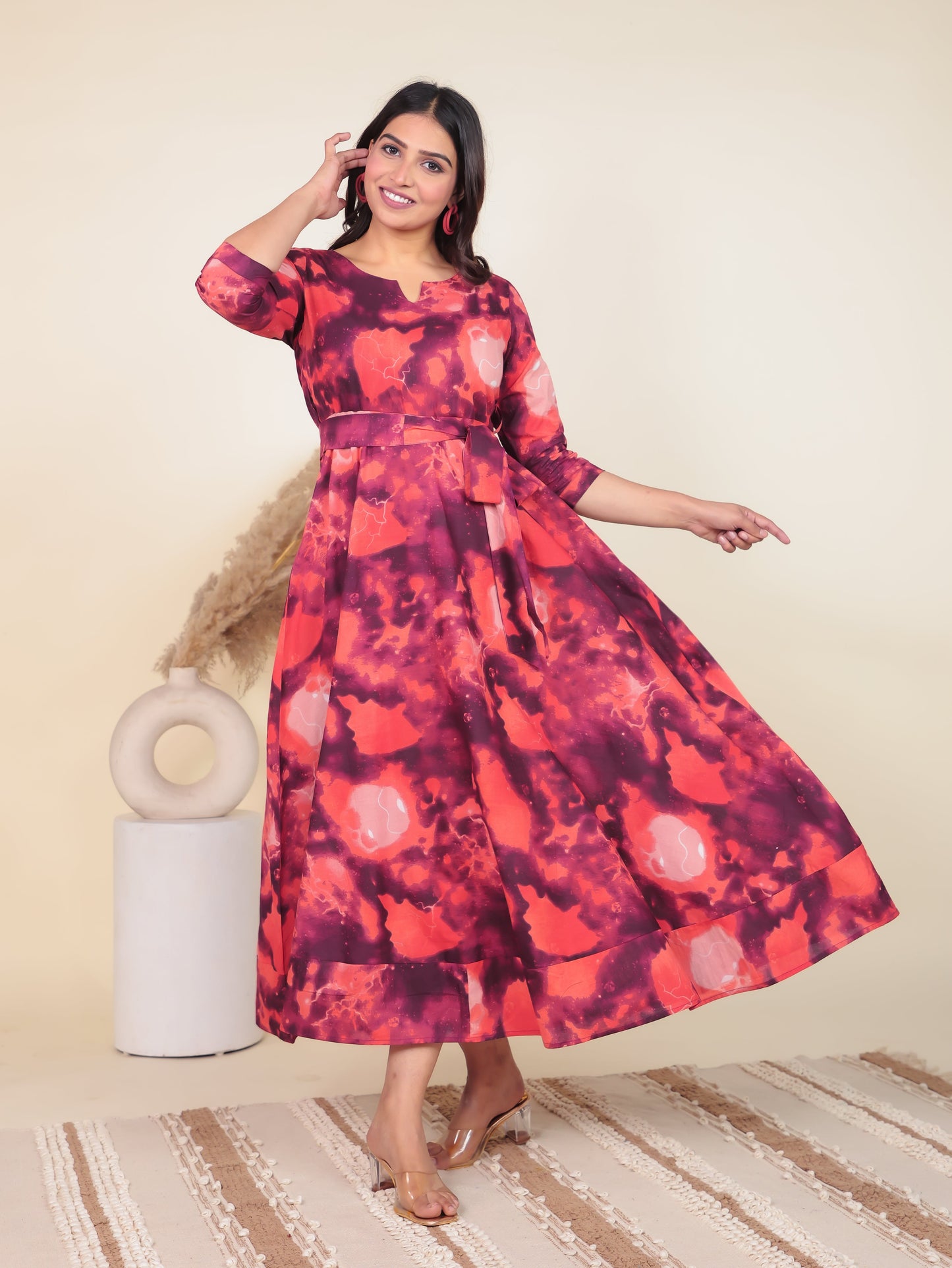 Soft Cotton Abstract Flared Orange Dress