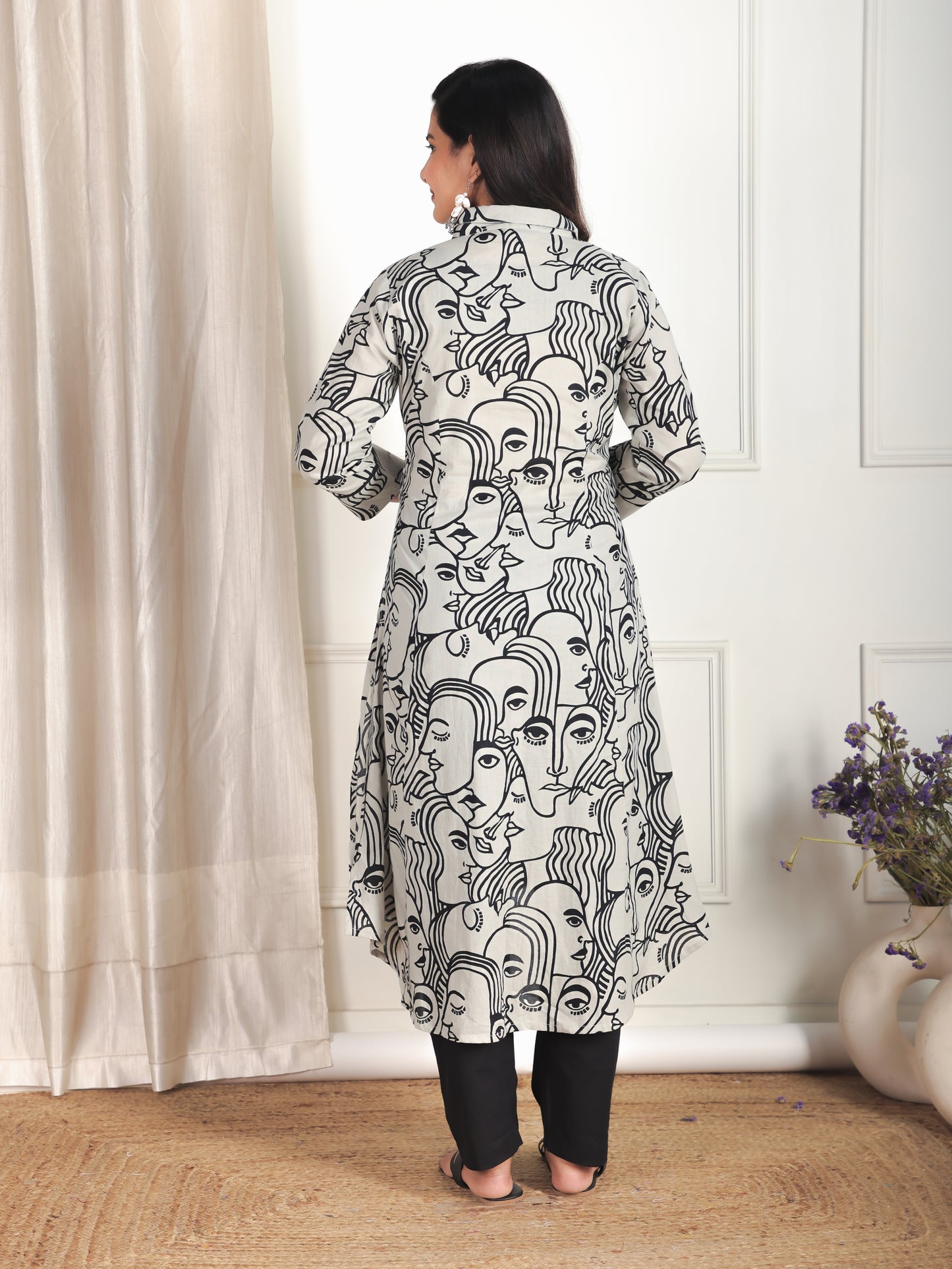 Embroidered Soft Cotton Abstract High Low Grey Kurta