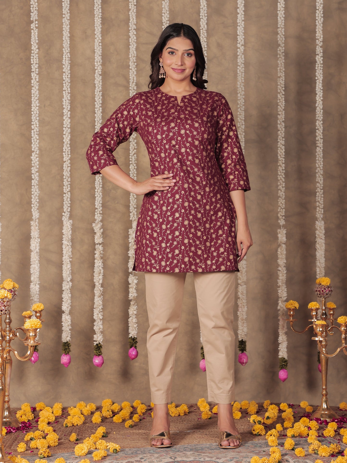 Soft Cotton Floral Straight Maroon Kurti