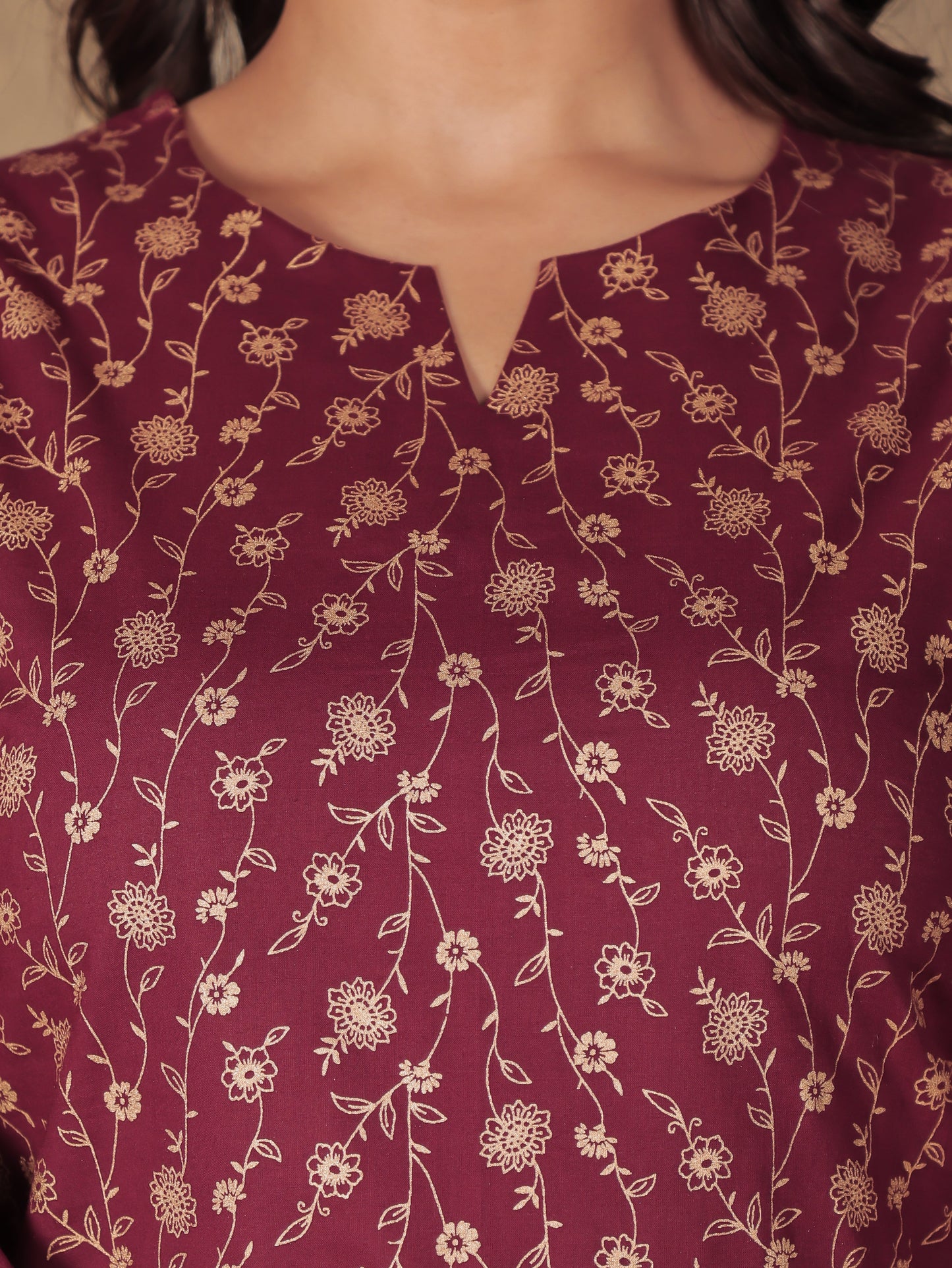 Soft Cotton Floral Straight Maroon Kurti