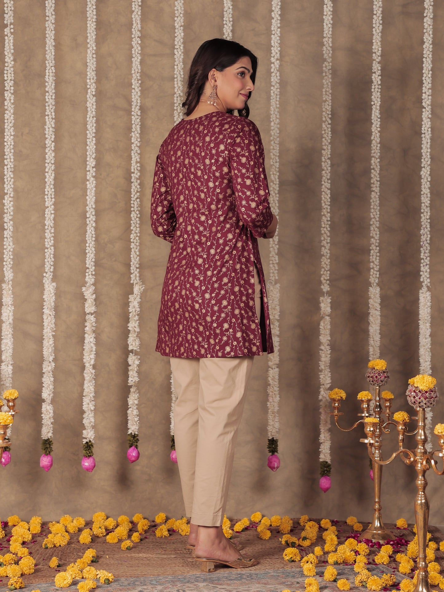 Soft Cotton Floral Straight Maroon Kurti