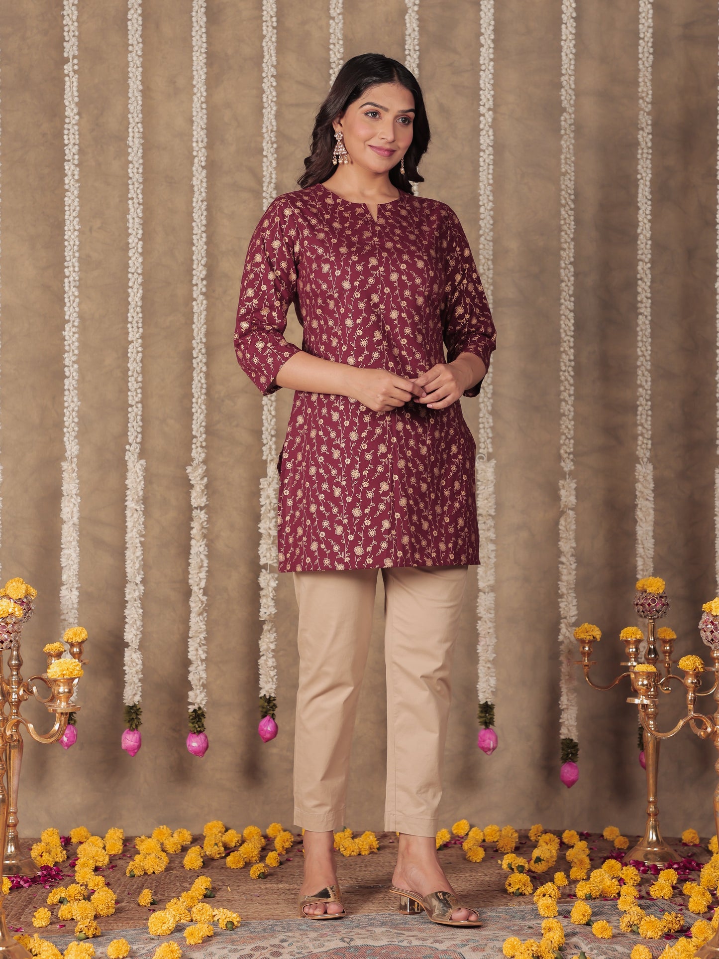 Soft Cotton Floral Straight Maroon Kurti
