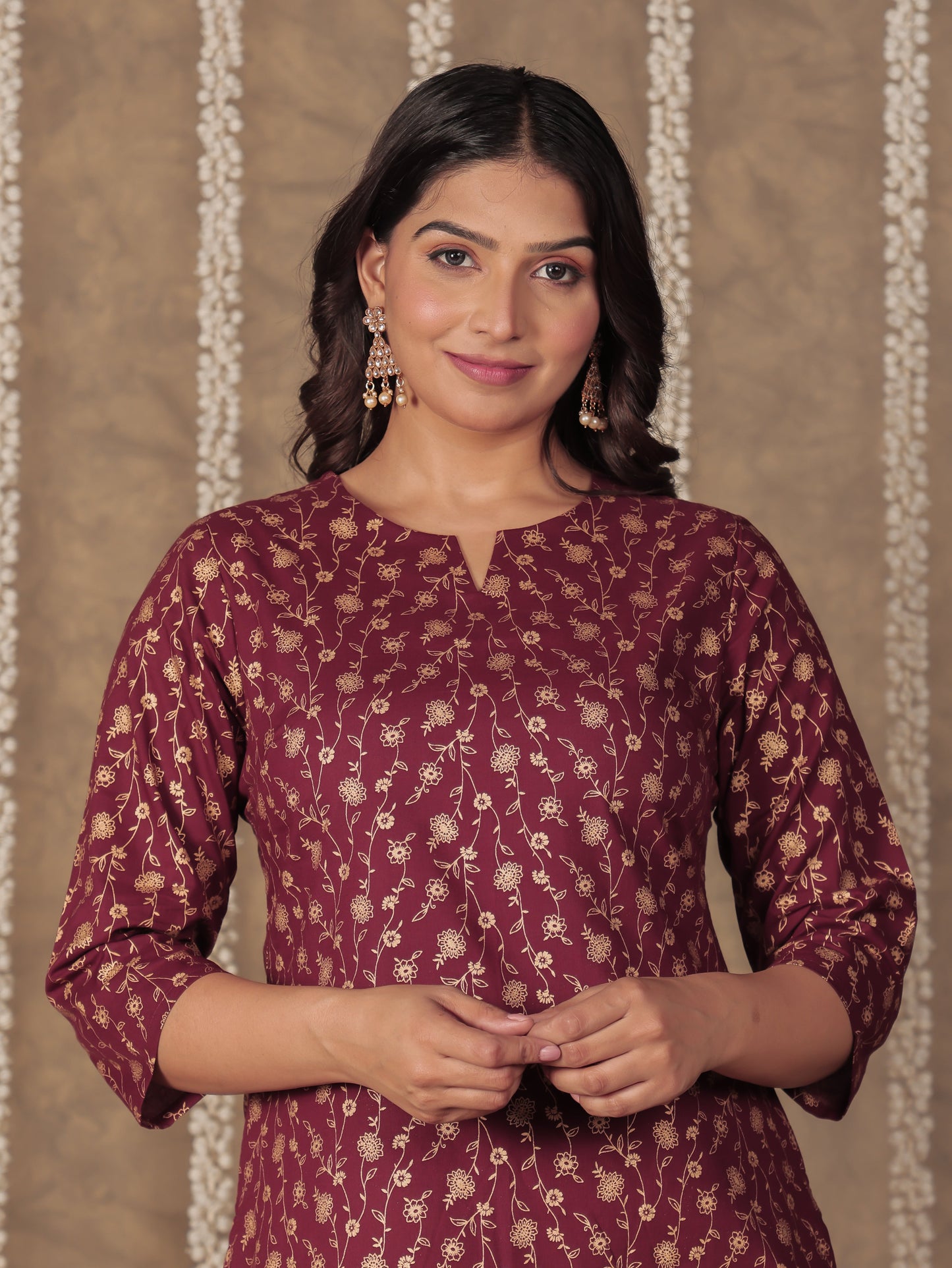 Soft Cotton Floral Straight Maroon Kurti