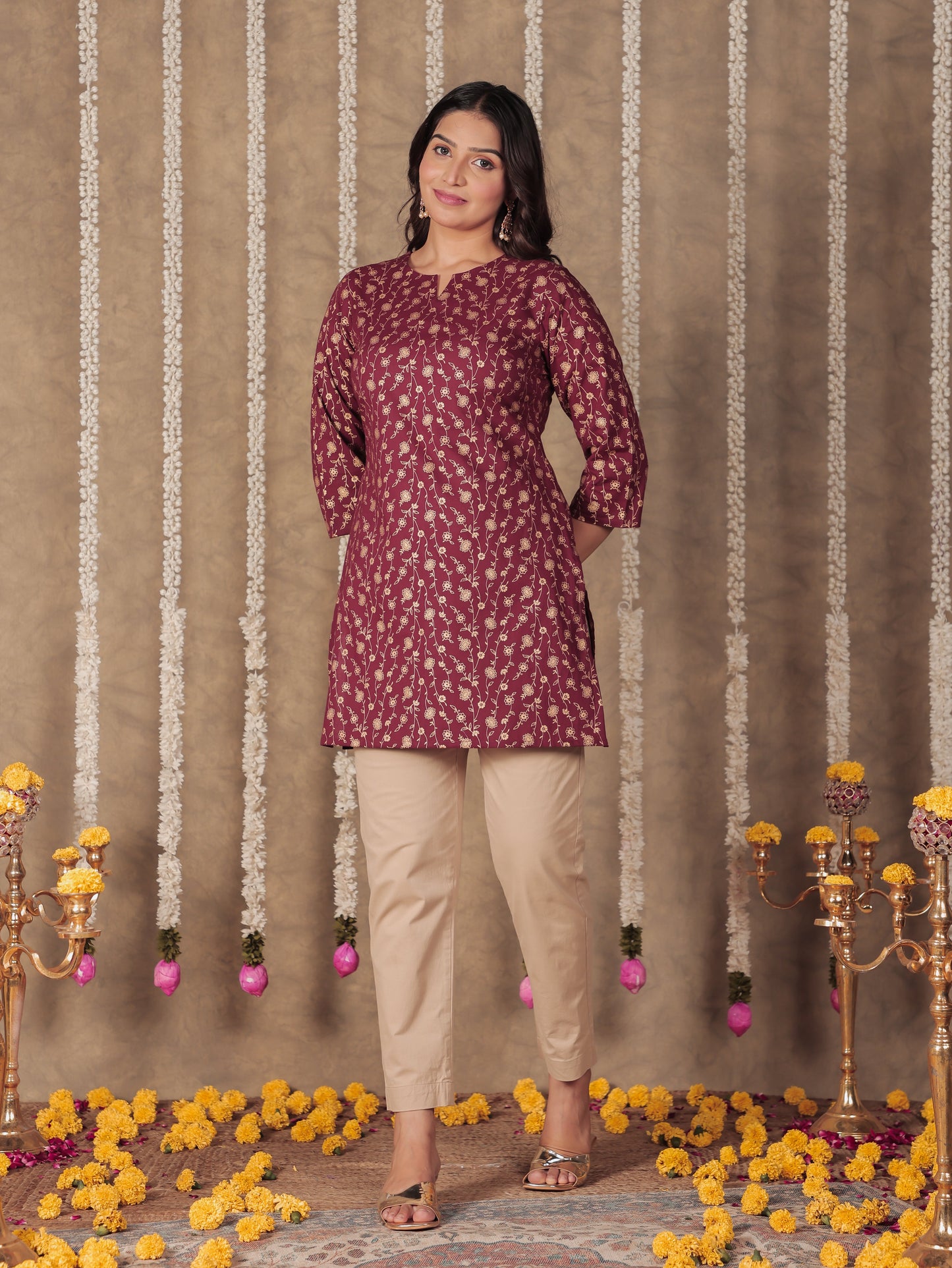 Soft Cotton Floral Straight Maroon Kurti