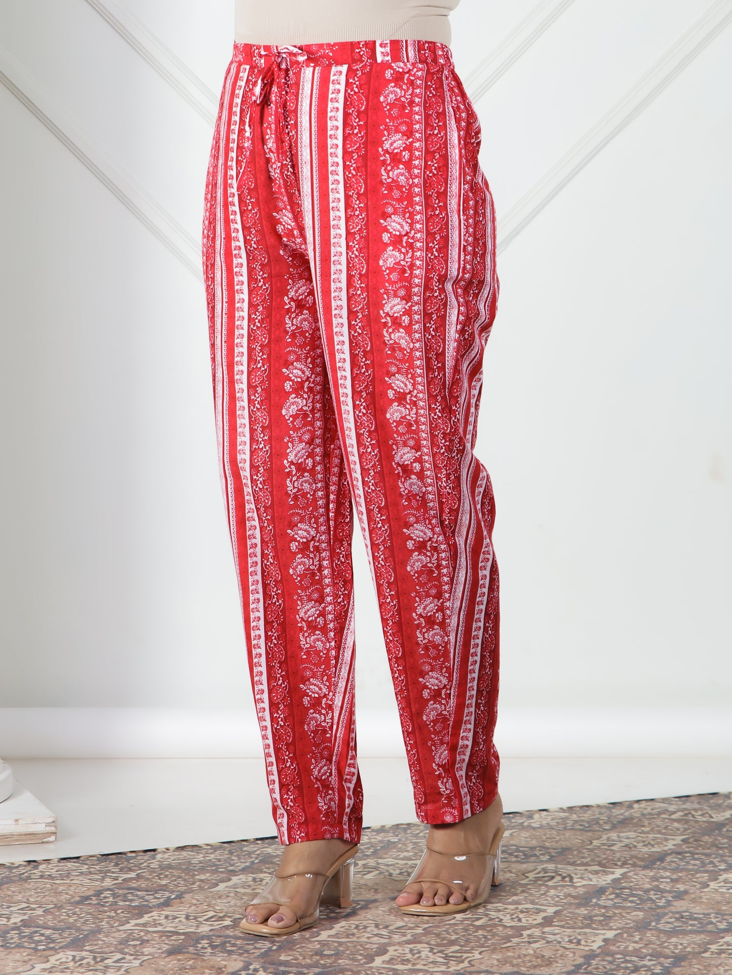Soft Cotton Striped Red Tapered Trousers